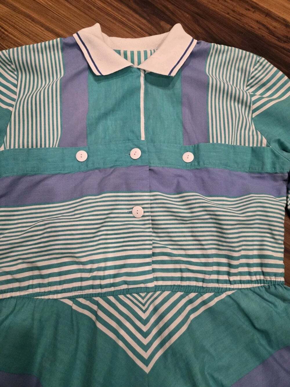 Vtg 80s Melissa Lane Striped Midi Dress Size 8 Teal Blue Chevron Pockets Cotton - Picture 4 of 14